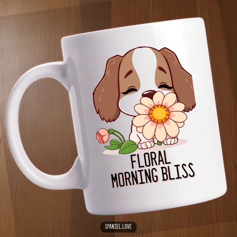 Funny mug featuring a happy spaniel character burying its nose deeply into a comically large, vibrant flower.