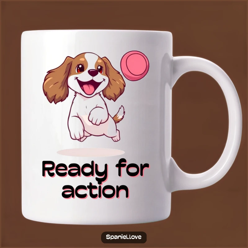 Funny Spaniel Frisbee Mug: Hilarious Action Shot for Dog Lovers