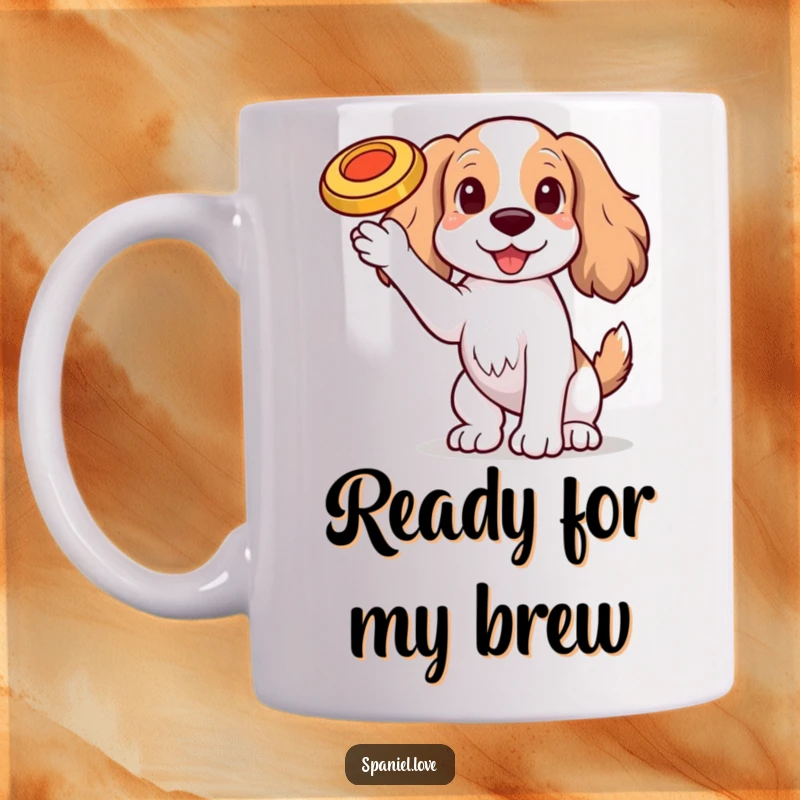 Funny Spaniel dog with one paw raised, expertly balancing a tiny, spinning frisbee on its nose, captured on a mug.