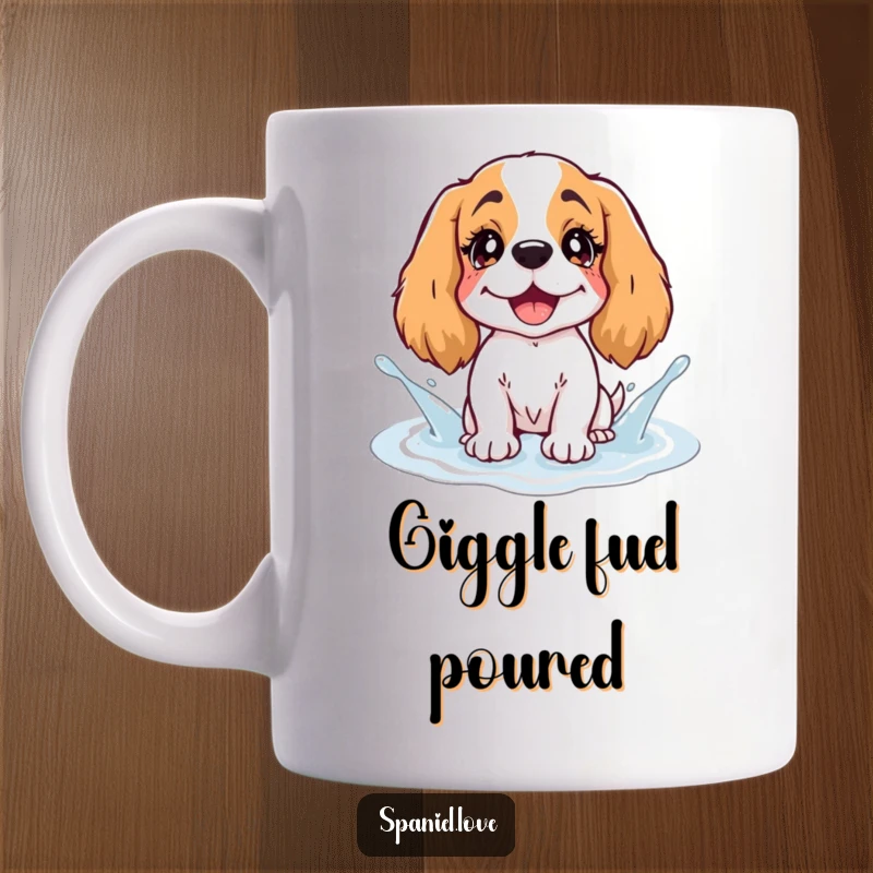 Funny Spaniel Mug: A spaniel with twinkling eyes gleefully splashes in a puddle, depicted as pure giggles.