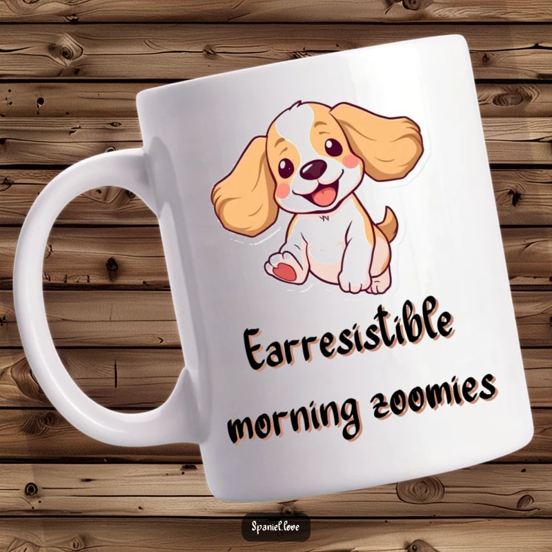 Funny Spaniel Mug: A joyful spaniel with floppy ears flying mid-air, caught in a playful jump, bringing smiles.