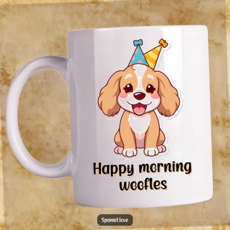 Funny Spaniel dog wearing a small party hat, letting out a joyful bark on a mug, ideal for festive occasions.