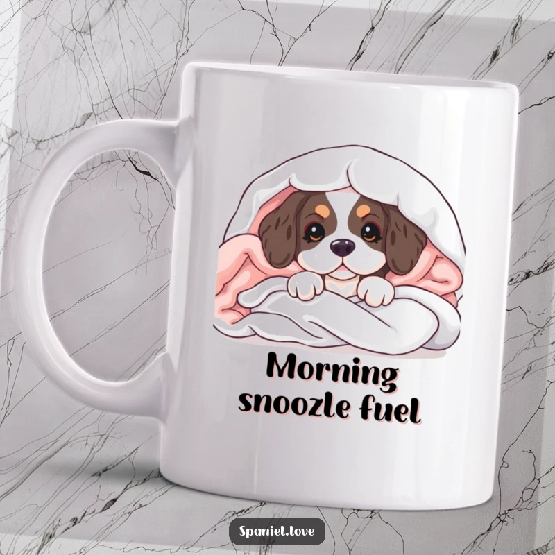Funny mug featuring a cute spaniel puppy peeking its head out from a soft pile of blankets, looking sweet and curious.