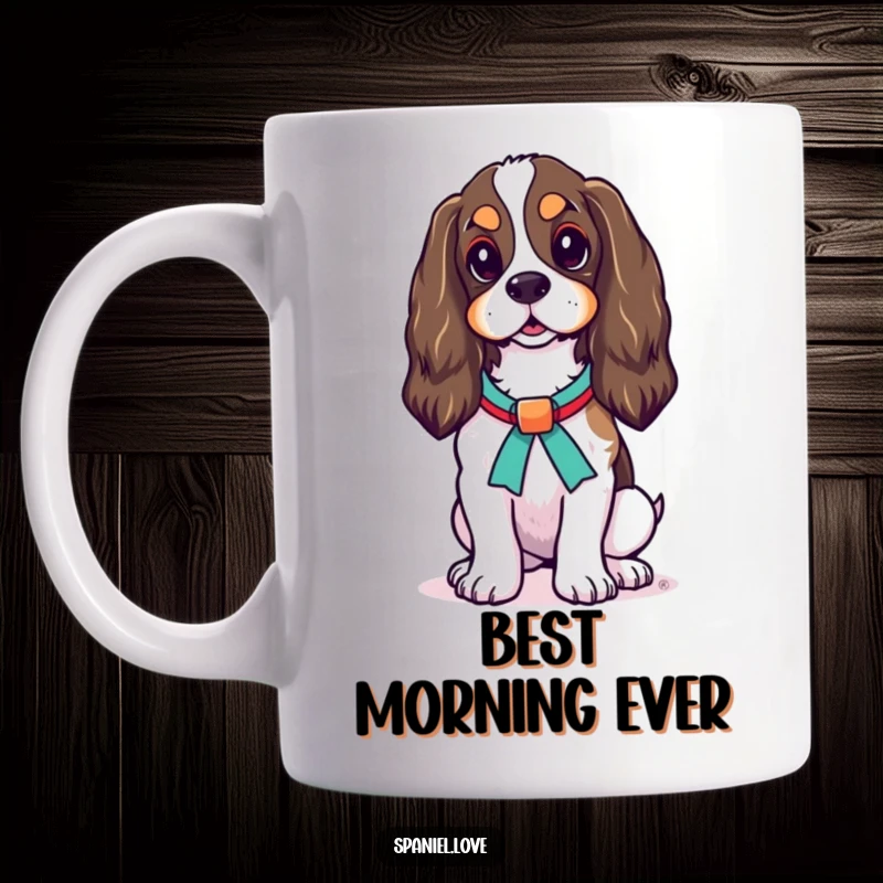 Funny Spaniel Ribbon Winner Mug: A spaniel stands proudly, wearing a vibrant ribbon, exuding canine elegance and charm.