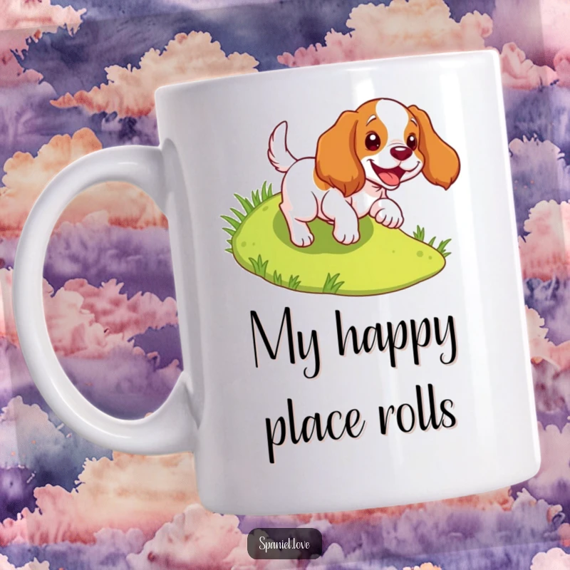 Funny spaniel mug depicting a dog joyfully tumbling down a grassy slope, radiating pure happiness and fun.