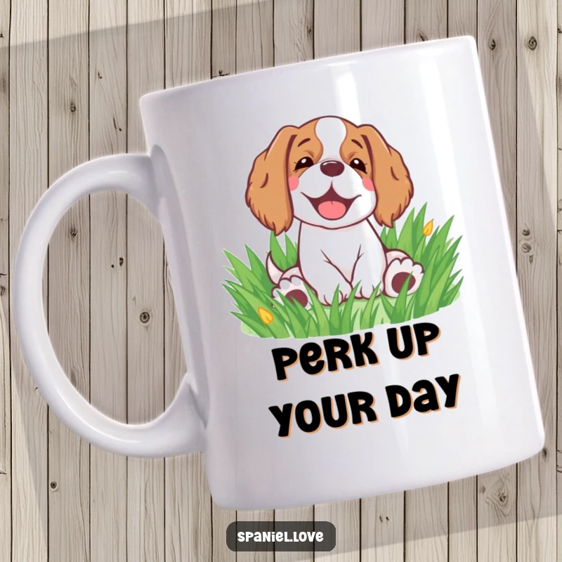Funny spaniel mug with a happy sigh as it rolls joyfully in green grass, embodying pure doggy delight.