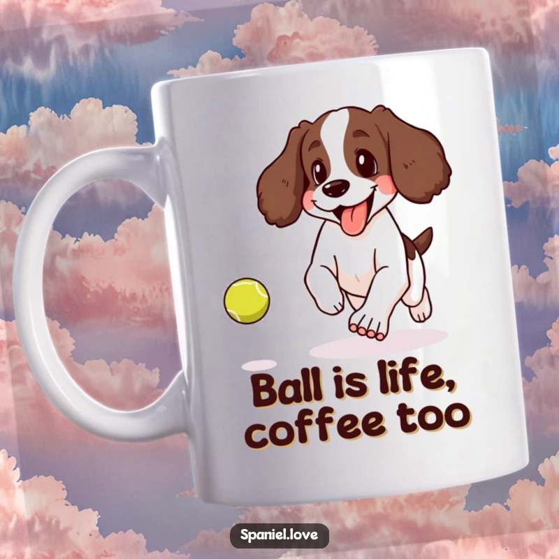 Funny mug featuring a spaniel joyfully panting with its tongue lolling out while chasing a bouncing tennis ball.