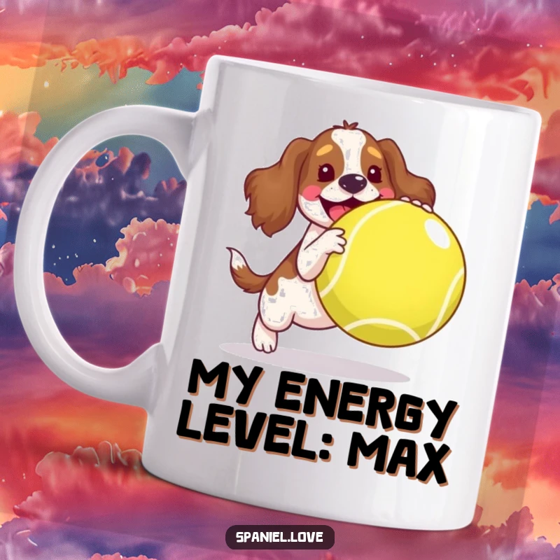 Funny spaniel mug, a joyful dog gleefully bouncing a giant, oversized yellow tennis ball, pure canine delight.