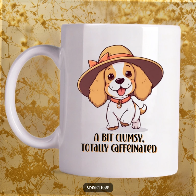 Funny spaniel mug, a playful dog tripping while wearing an oversized, comical hat, showcasing a moment of endearing clumsiness.