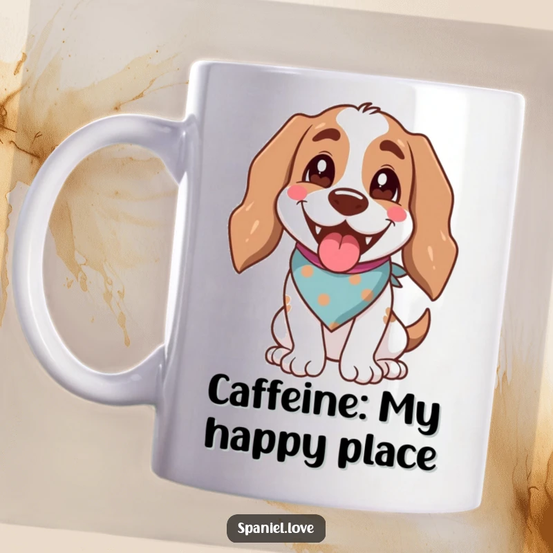 Funny spaniel dog wearing a bandana, panting happily with an open mouth, on a ceramic mug.