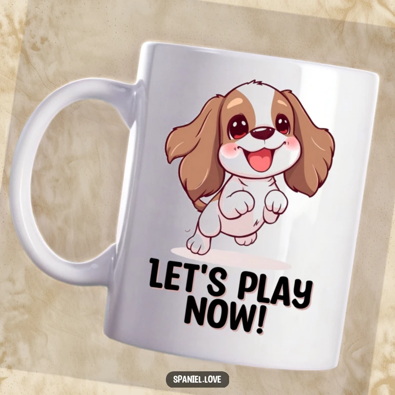 Funny Spaniel mug showing a character with an excited wiggle, jumping joyfully for a toy. This design captures pure canine enthusiasm and playfulness.