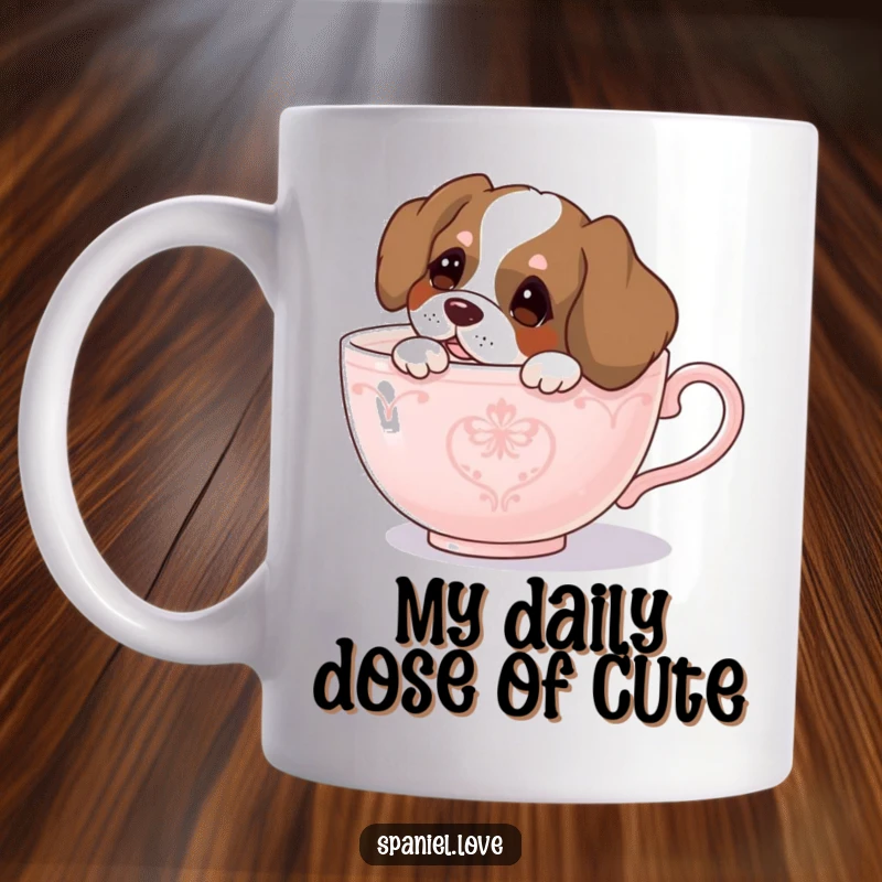 Funny spaniel mug, a curious dog peeking out from inside a giant teacup, bringing a smile with its playful gaze.