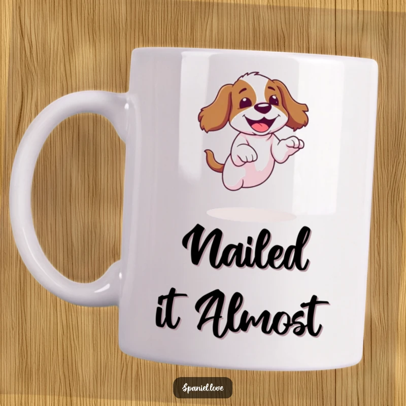 Funny spaniel mug featuring a clumsy dog mid-air, about to land with a giggle, perfect for dog enthusiasts gift.