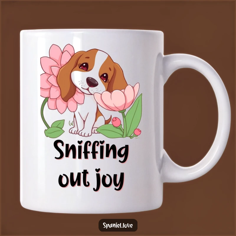 Funny Spaniel Flower Sniff Mug: Curious Dog Tilting Head, Perfect Funny Gift