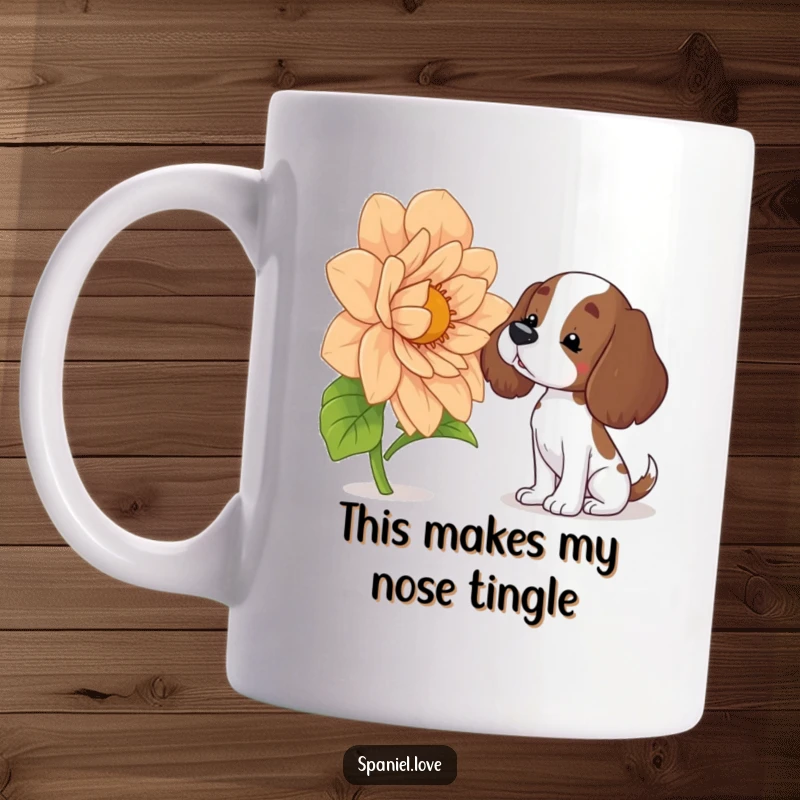 Funny spaniel mug featuring a cute dog with a tilted head curiously sniffing a huge, vibrant flower, embodying adorable canine wonder.
