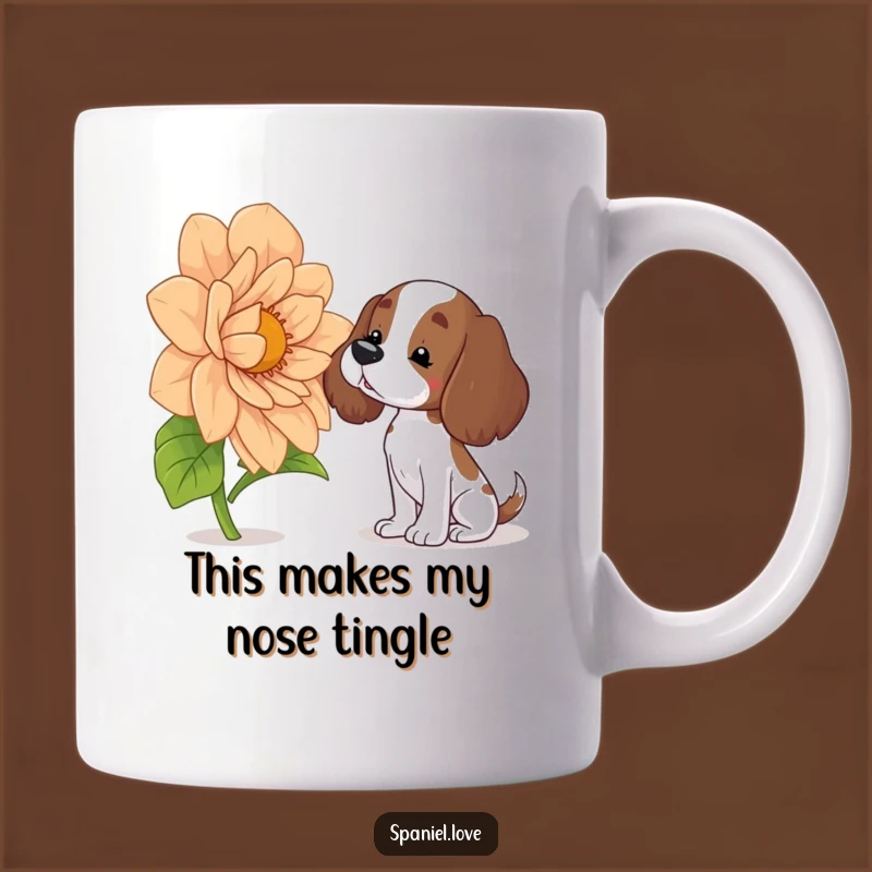 Funny Floral Spaniel Mug: A Curious Dog's Delightful Sniff, Perfect Gift