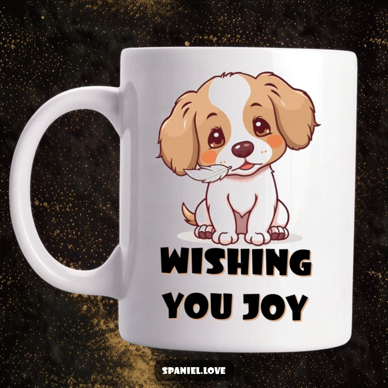 Funny Gentle Spaniel Mug: dog character blowing a feathery seed, conveying sweetness and nature, great gift.