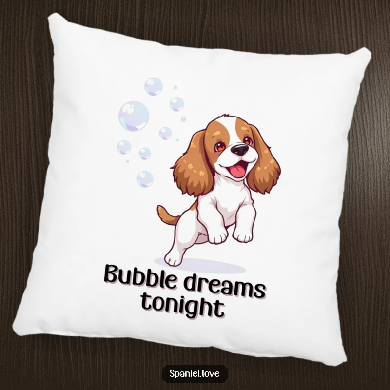 Funny spaniel pillow depicting a happy dog joyfully playing with bubbles, offering cozy comfort and pure, cheerful humor.