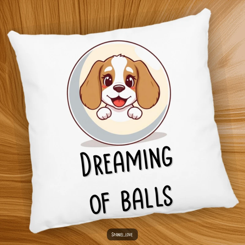 Funny Spaniel Pillow: A decorative pillow featuring a spaniel with a happy bark peeking from behind a giant ball.