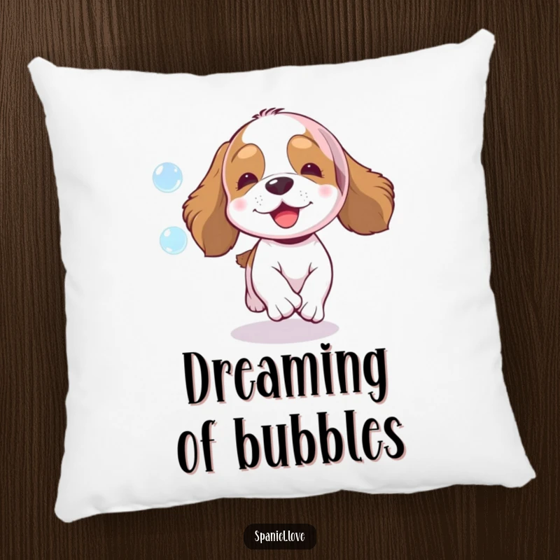 Funny spaniel pillow, a happy dog enthusiastically chasing a shimmering bubble, adding comfort and humor to any room.