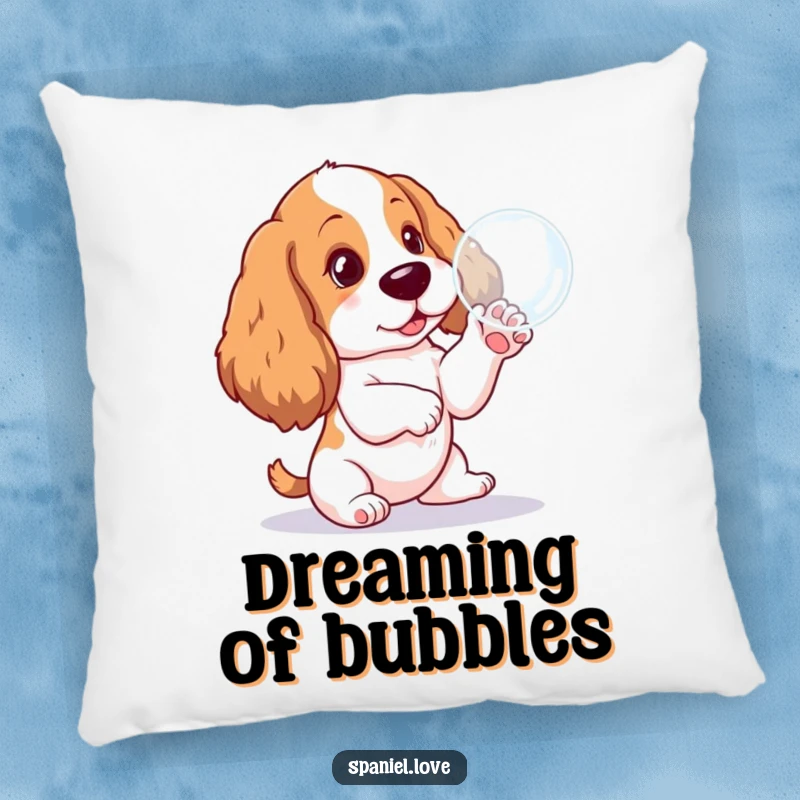 Funny Spaniel pup pillow, playfully interacting with a fragile bubble, adding a touch of lightheartedness and comfort.