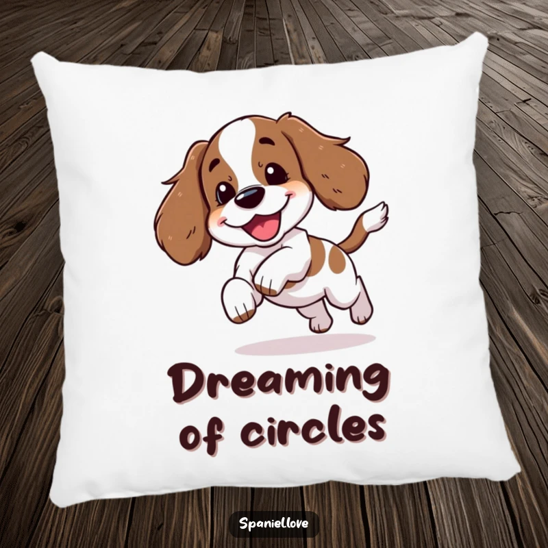 Plush pillow featuring a funny spaniel character playfully chasing its tail with a happy yip, perfect for comfort and laughs.