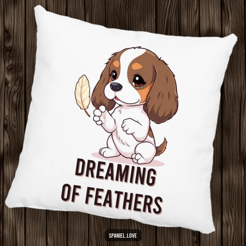Funny spaniel pillow featuring tiny paws batting at a feather, offering plush comfort and adorable appeal.