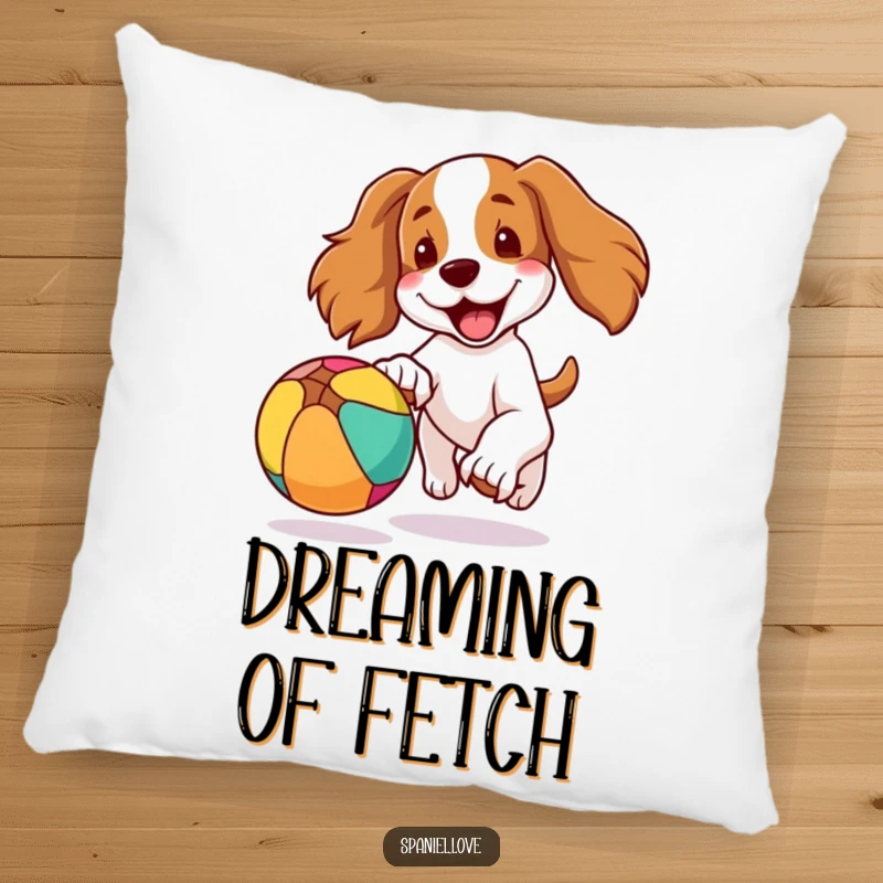 Funny pillowcase showcasing a spaniel dog with its ears flapping joyfully as it enthusiastically chases a colorful, bouncing ball, full of glee.