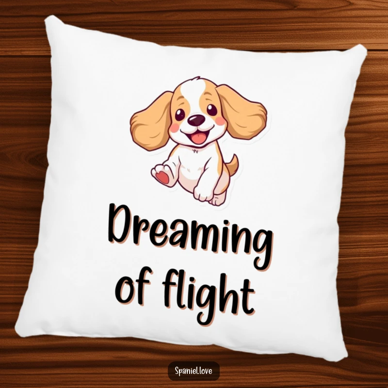 Funny Spaniel Pillow: A plush pillow showcasing a spaniel in a joyful leap, ears flying, adding comfort and humor.