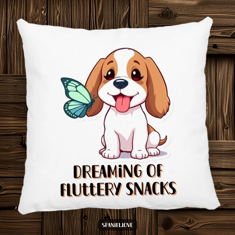 Funny Spaniel Pillow: A spaniel playfully sticks its tongue out chasing a butterfly, bringing soft, goofy humor to your home.