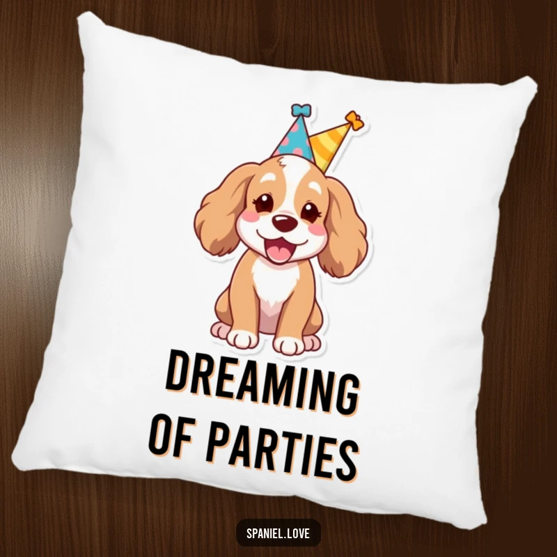 Funny Spaniel dog wearing a small party hat, letting out a joyful bark on a pillow, providing comfort and festive vibes.