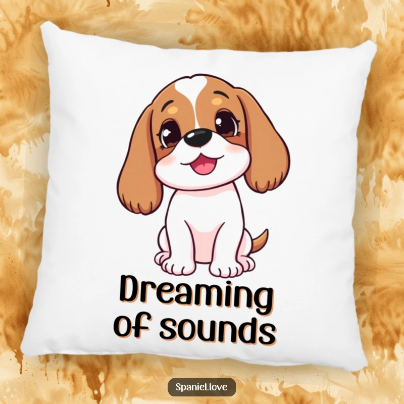 Funny happy spaniel with head tilted, listening intently on a pillow, offering soft comfort and humorous curiosity.