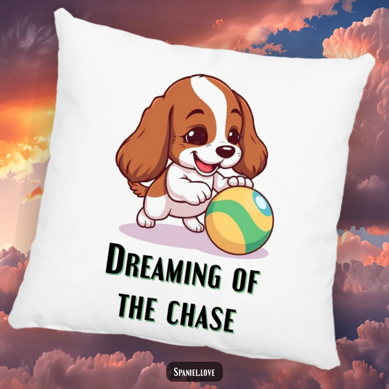 Funny Spaniel Pillow: A mischievous spaniel playfully nudging a bouncing ball, offering comfort and humor.