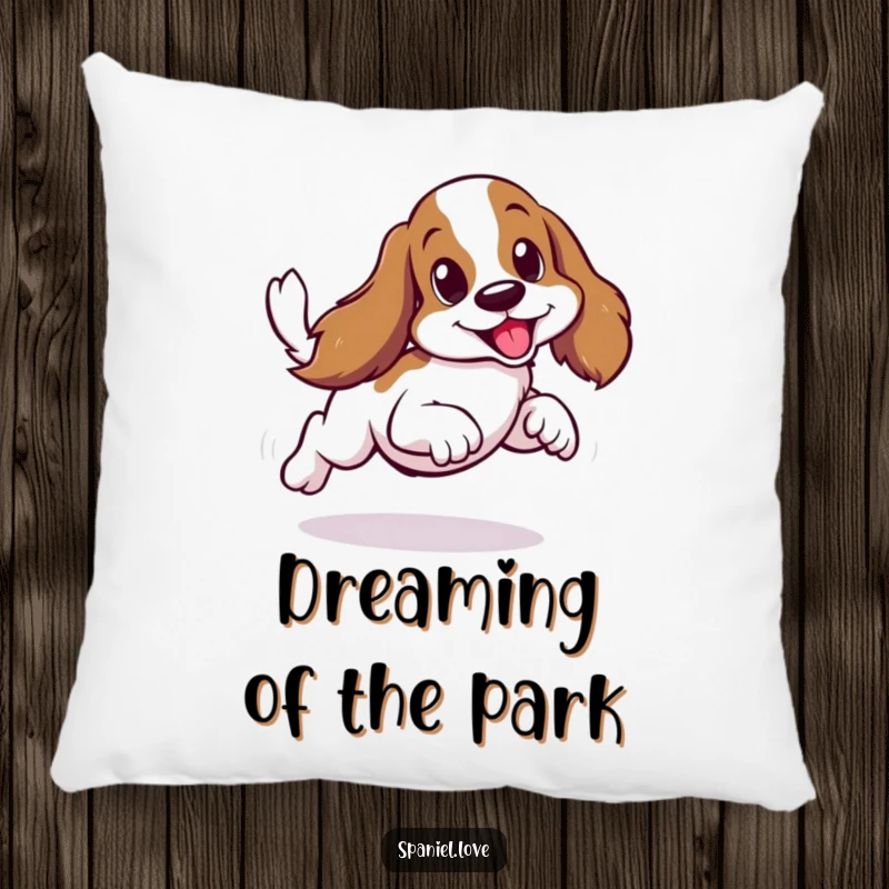 Soft, plush pillow featuring a funny spaniel in a fast sideways scurry, tail wagging, conveying lively humor.