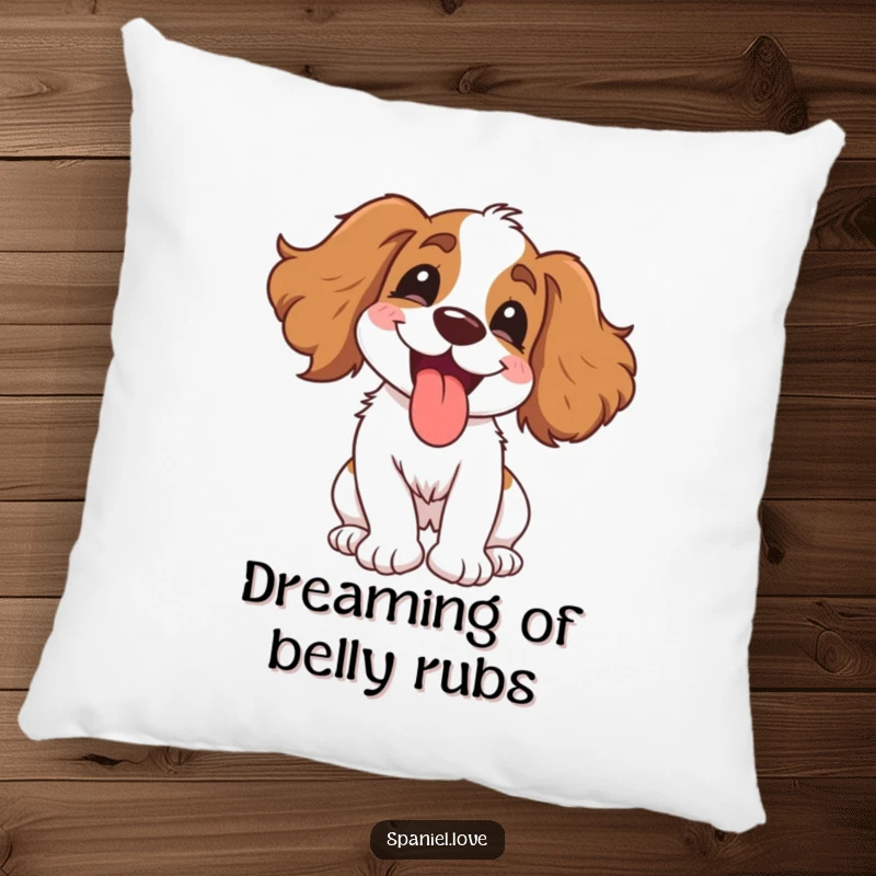Funny Spaniel Pillow: A gleeful dog spinning with pure delight, tongue happily out, a soft and humorous decorative cushion.