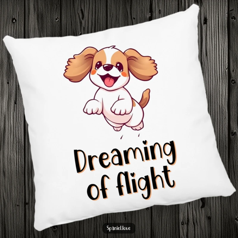 Funny kawaii spaniel leaping joyfully mid-air with floppy ears flying, presented on a plush pillow for comfort and cheerful vibes.