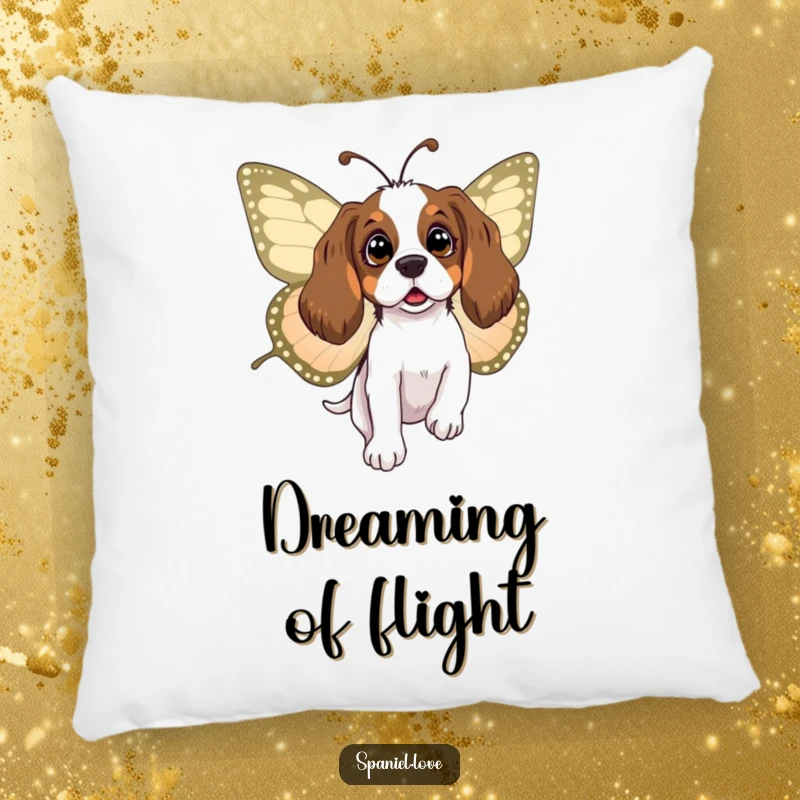 Funny spaniel pillow depicting a surprised dog being carried by a large butterfly, offering cozy comfort and whimsical charm.