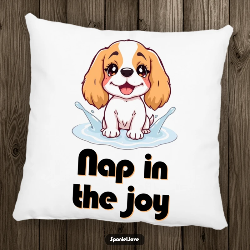 Funny Spaniel Pillow: A decorative pillow featuring a spaniel with twinkling eyes splashing in a puddle of giggles.