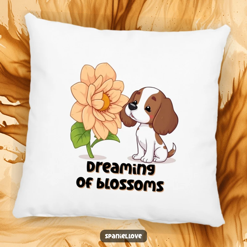Funny spaniel pillow showcasing a cute dog with a head tilt, curiously sniffing a massive flower, blending comfort with humorous canine charm.