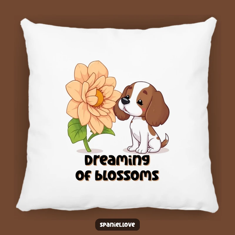 Funny Spaniel Pillow: Curiously Sniffing Flower, Soft & Humorous Accent