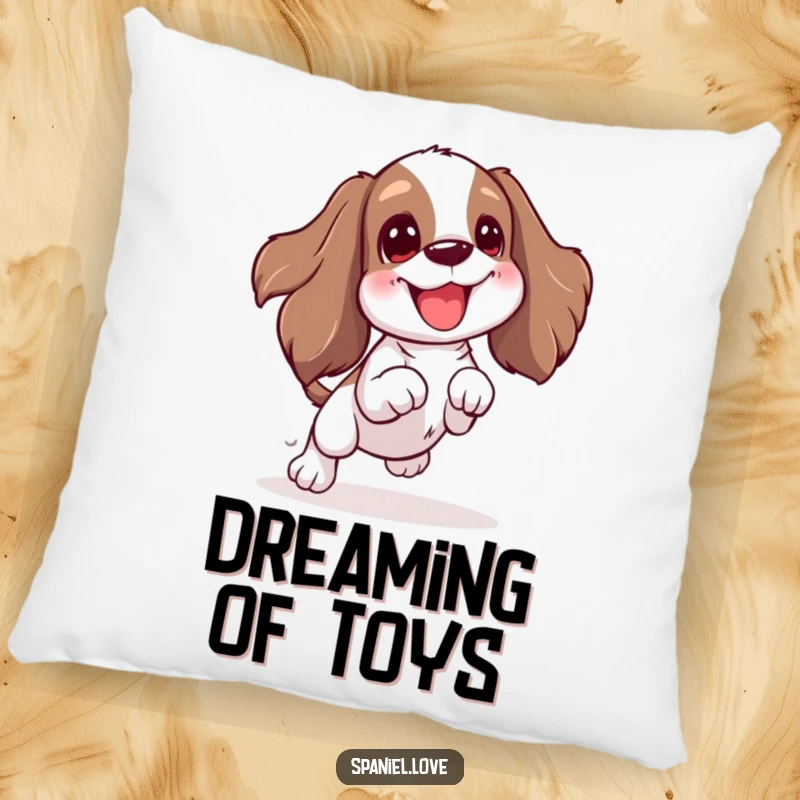 Funny Spaniel pillow featuring an excited wiggle and jump for a toy. This pillow brings comfort and a spark of energetic fun to any setting.