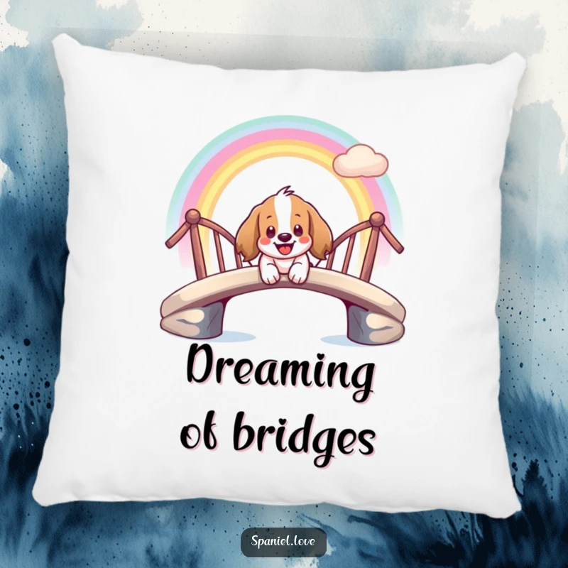 Funny pillow illustrating a giddy spaniel character smiling while sliding down a vibrant rainbow bridge.