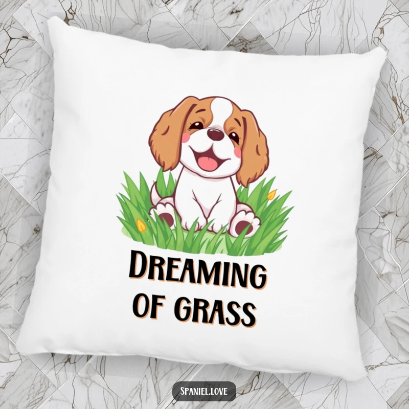 Funny spaniel pillow with a happy sigh while rolling in grass, a humorous and comfortable decorative accent.