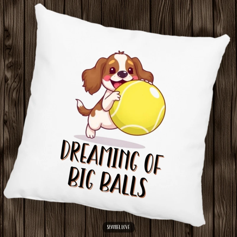 Funny spaniel pillow, a joyful dog bounding with a giant tennis ball, perfect for adding comfort and humor.