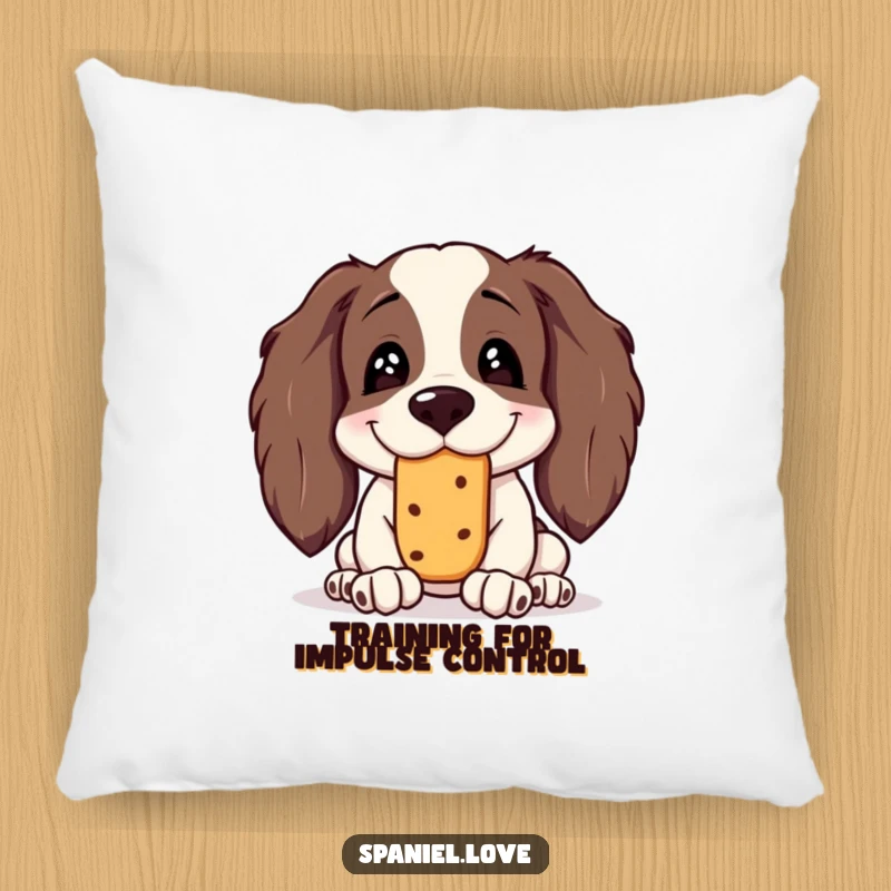 Funny Spaniel Pillow: Decorative pillow featuring a spaniel with a silly grin trying to balance a treat on its nose.