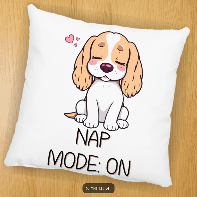 Funny Spaniel Treat Dream Pillow: A sleeping spaniel dog sighs with happiness, eyes closed, imagining a world filled with delicious treats.