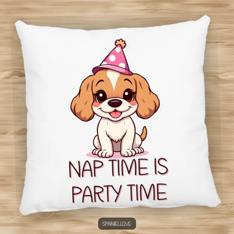 Funny Spaniel pillow with a character's goofy grin and party hat, offering comfort and humor. This pillow brings a festive and joyful touch to any room.