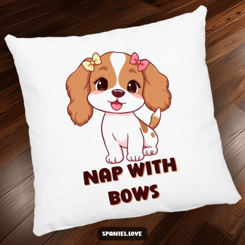 Funny throw pillow depicting a spaniel with floppy ears adorned with tiny bows, its tail wagging happily.