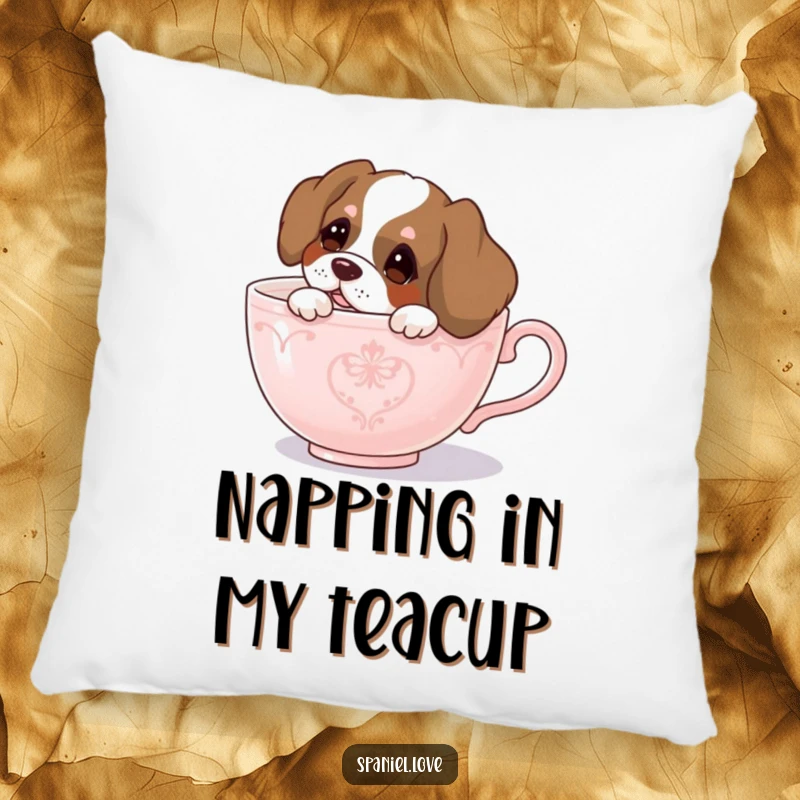Funny spaniel pillow, a curious dog peeking from a giant teacup, perfect for adding comfort and a touch of humor.