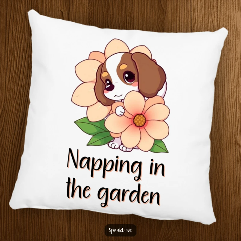 Funny Spaniel pillow, wagging tail visible, peeking from behind a giant flower, soft and humorous home decor.